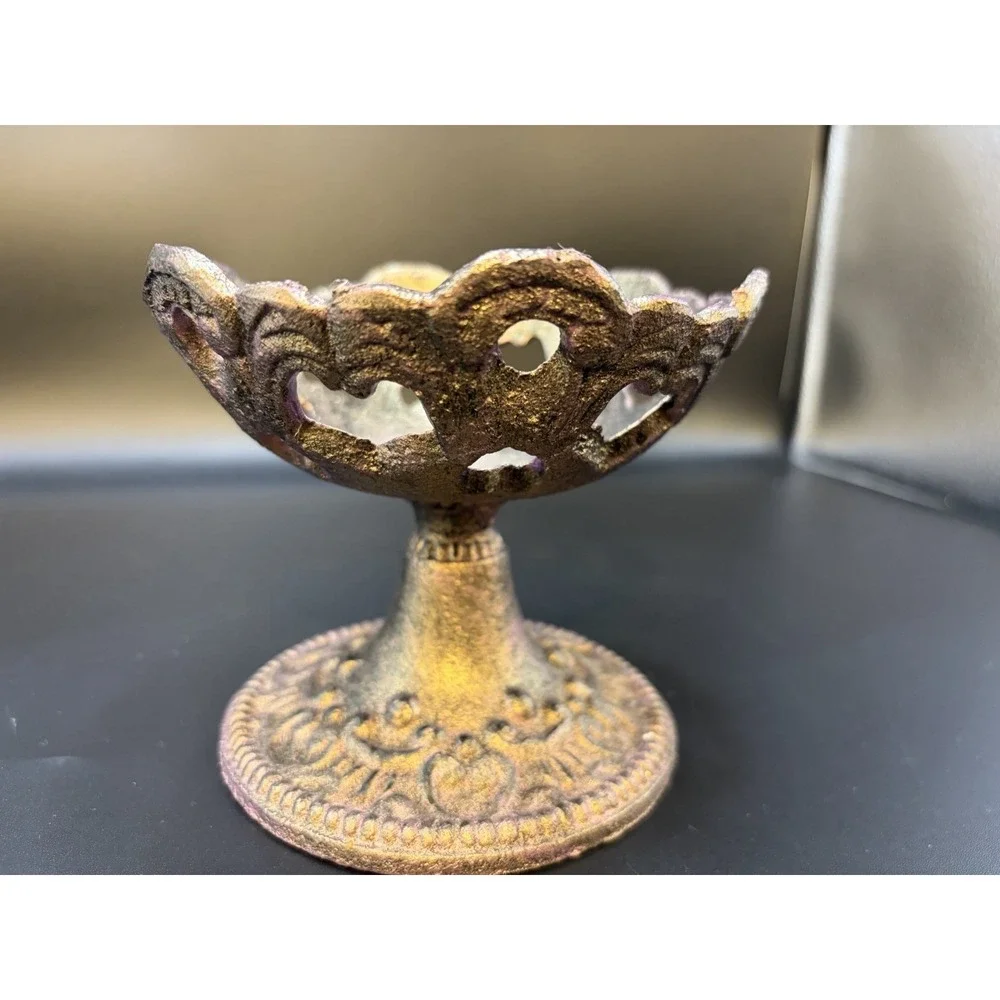 Metal Cast‎ Iron Candle Trinket holder/ Ornate Pedestal Dish Patina Finish